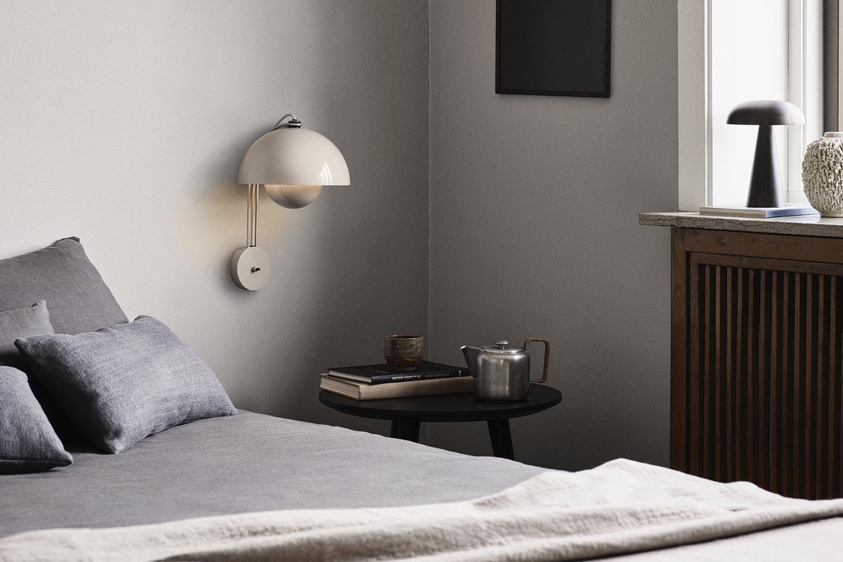 Calming grey bedroom with iconic Flowerpot wall lamp by Verner Panton | New finds - February 2022 | These Four Walls blog