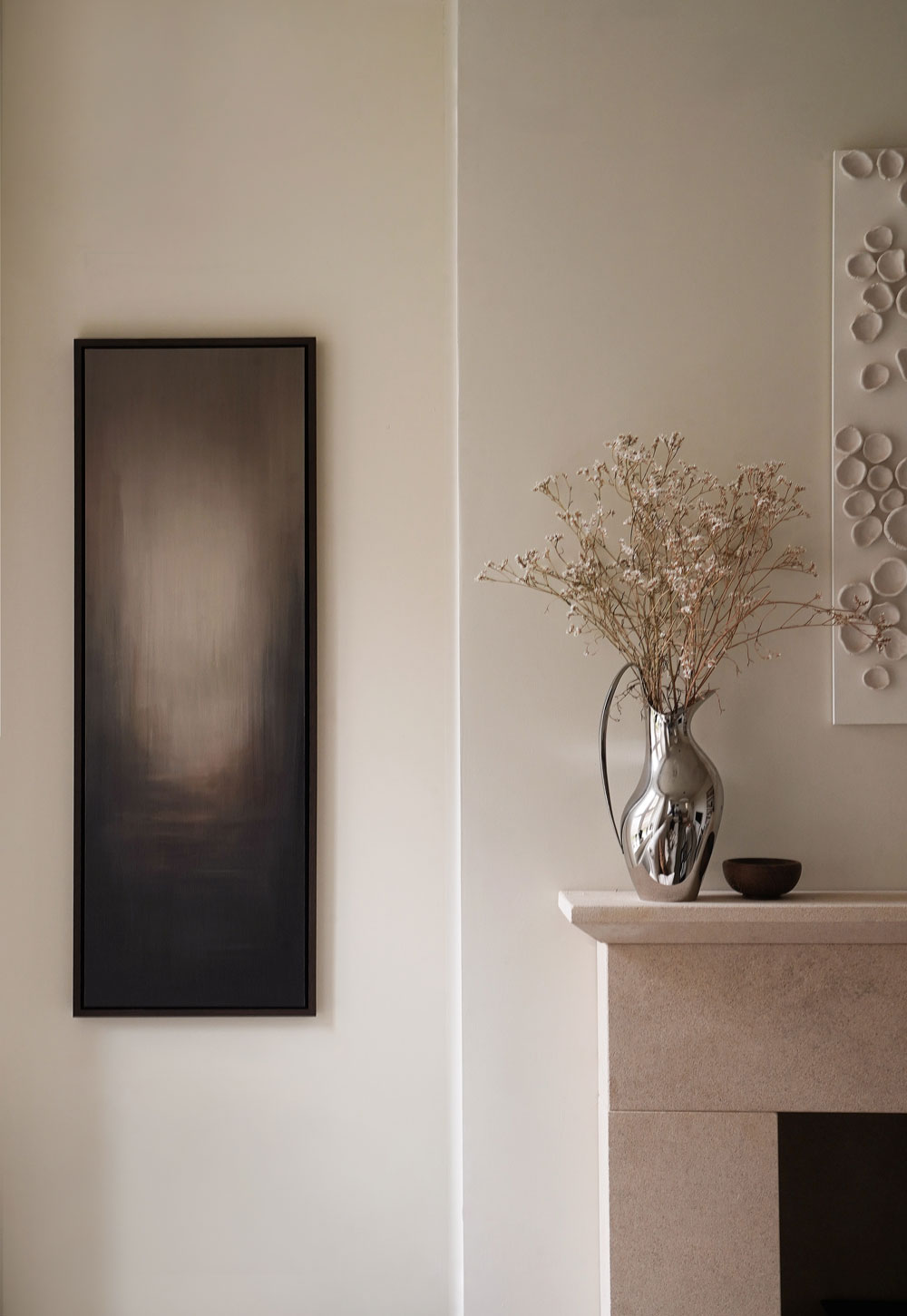 Stone fireplace and alcove with minimalist abstract painting in neutral browns and beiges | Art for awkward spaces with Atelier Printworks | These Four Walls blog