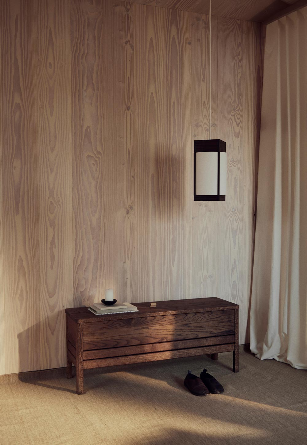 Minimalist wood-clad interior with Japanese-inspired pendant light in wood and paper from Form & Refine's 'Andon' Collection | New design finds - July 2026 | These Four Walls blog