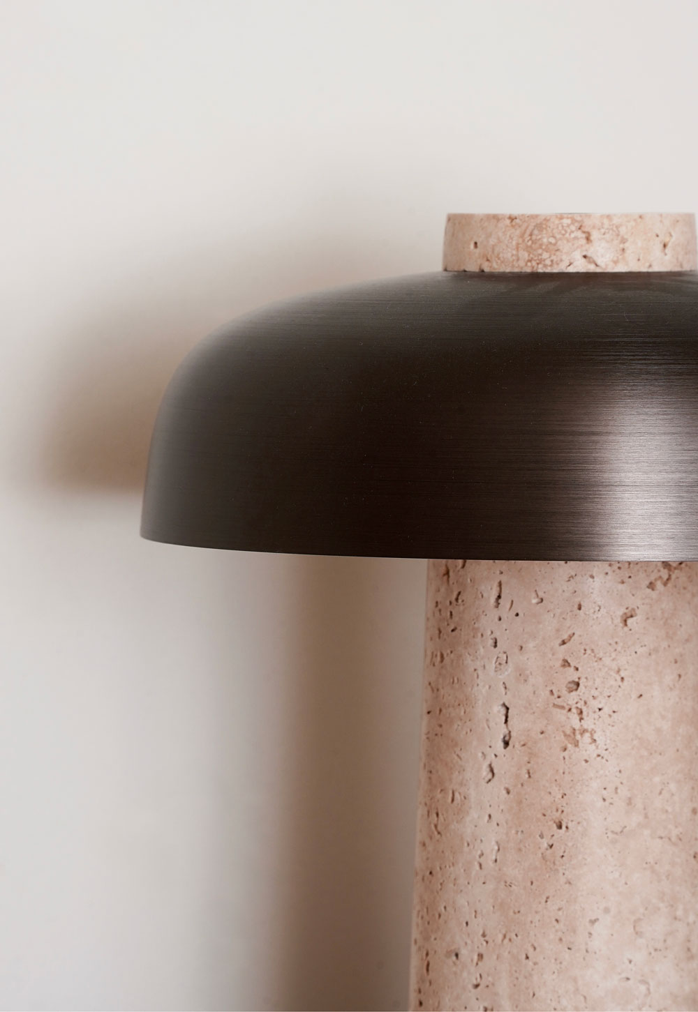 Audo Copenhagen Reverse bronze and travertine lamp in a rustic-minimalist cottage interior | These Four Walls blog