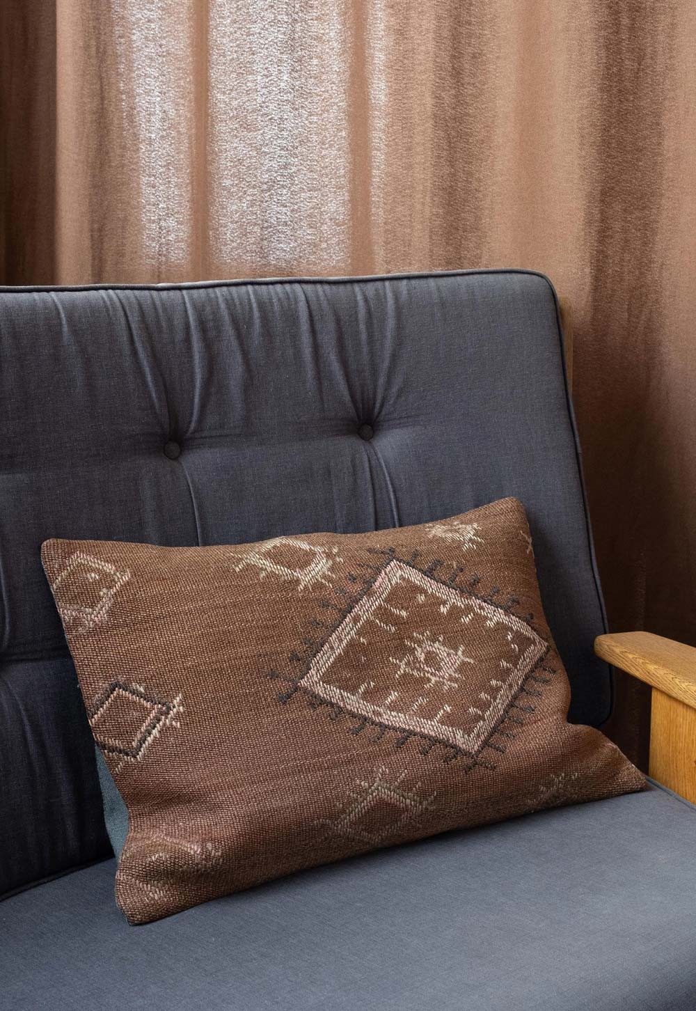 Brown patterned cushion made from vintage Anatolian fabric | Profile - textile curator Souad Larusi | These Four Walls blog