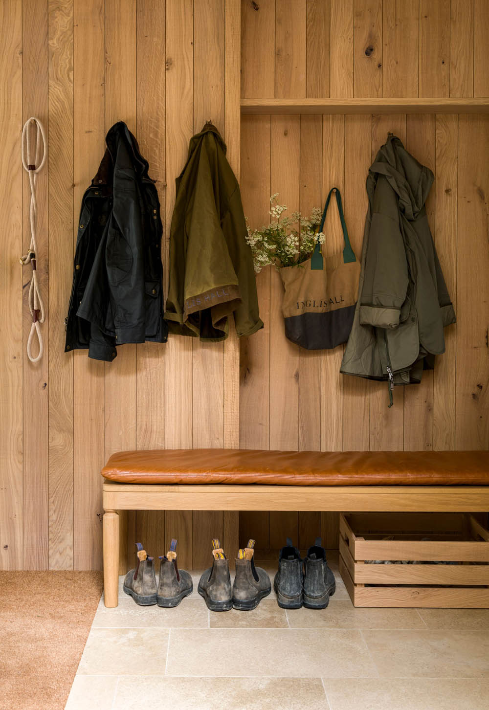 Rustic wood-clad hallway with bench seat from Inglis Hall | New design finds - July 2026 | These Four Walls blog