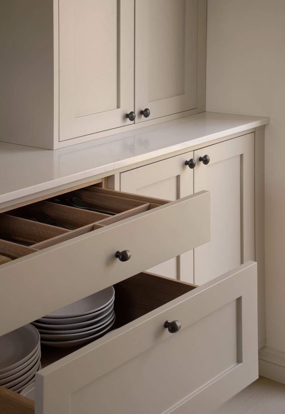 Minimalist beige Shaker kitchen with oak drawers and marble worktop | These Four Walls blog