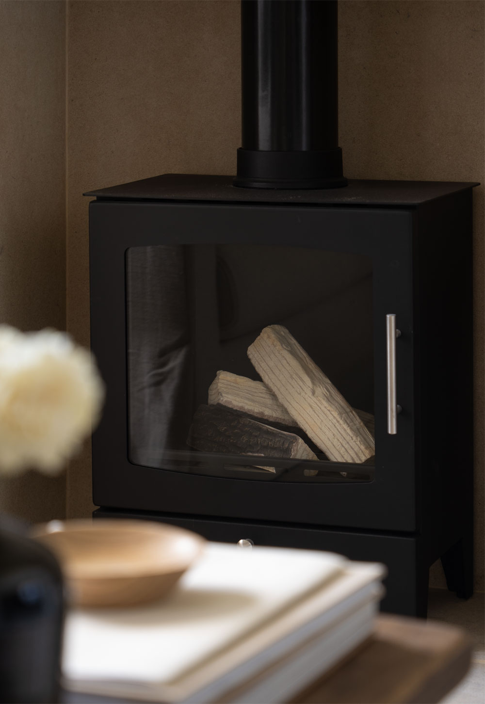 Bioethanol stove in a neutral cottage interior | These Four Walls blog